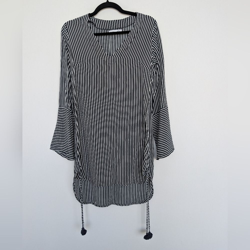 Faithfull The Brand Neroli Striped Tassle Cinch Mini V Neck Tunic Dress Sz 2